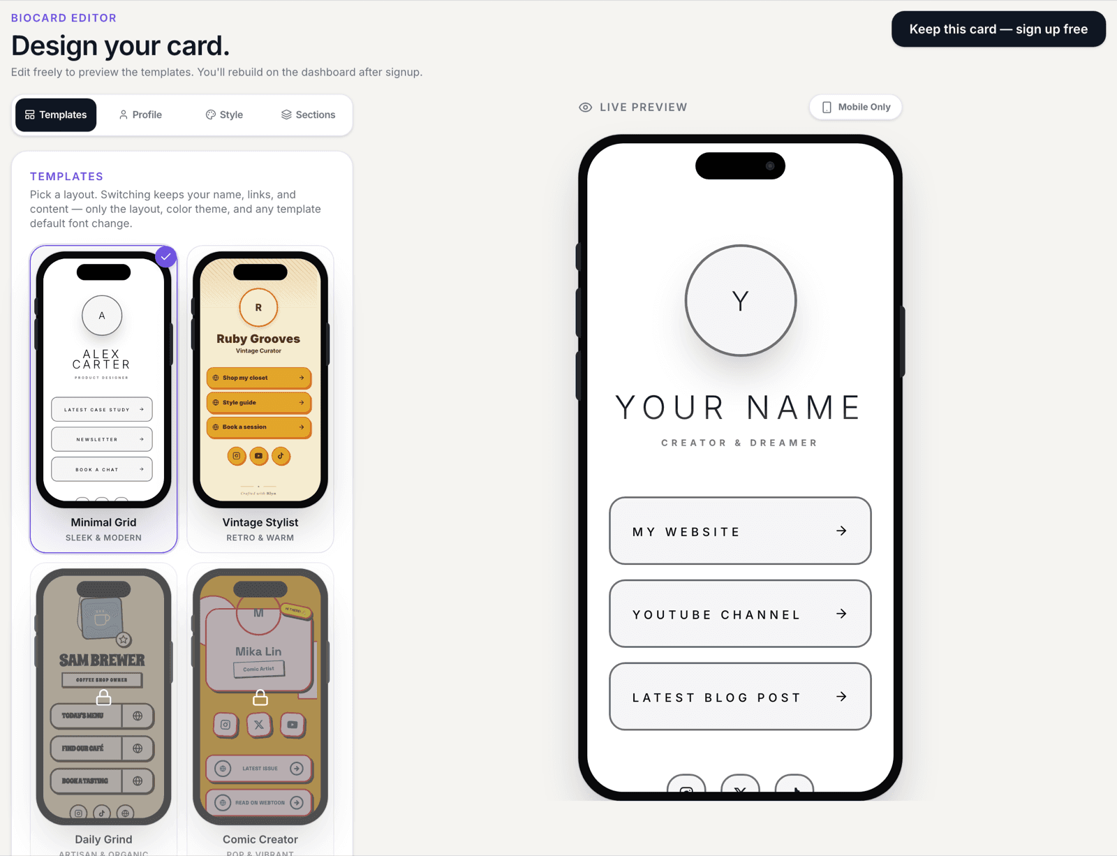 The Blyn BioCard editor: template gallery on the left, live phone preview on the right