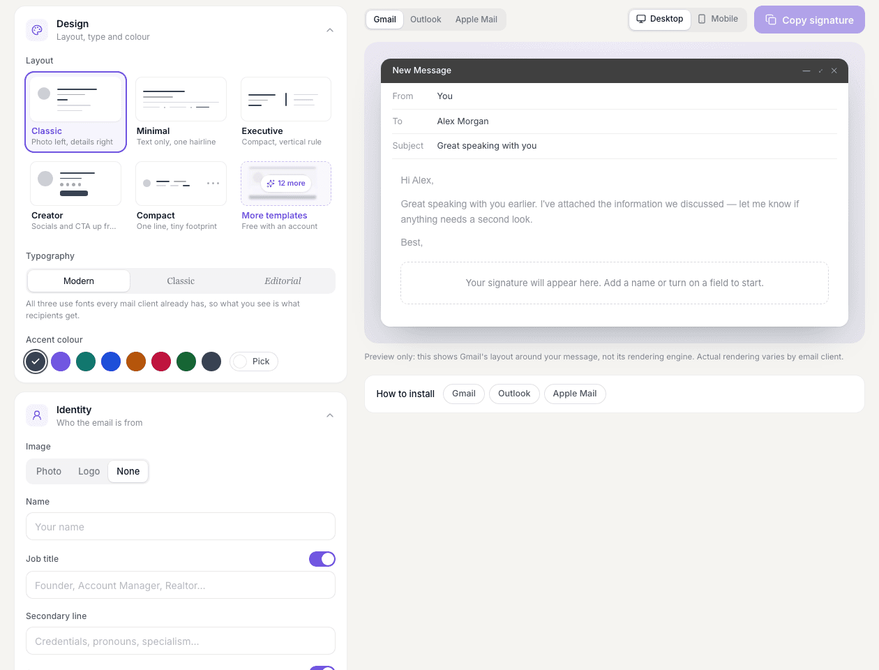 The Blyn email signature builder with layout, typography and colour controls