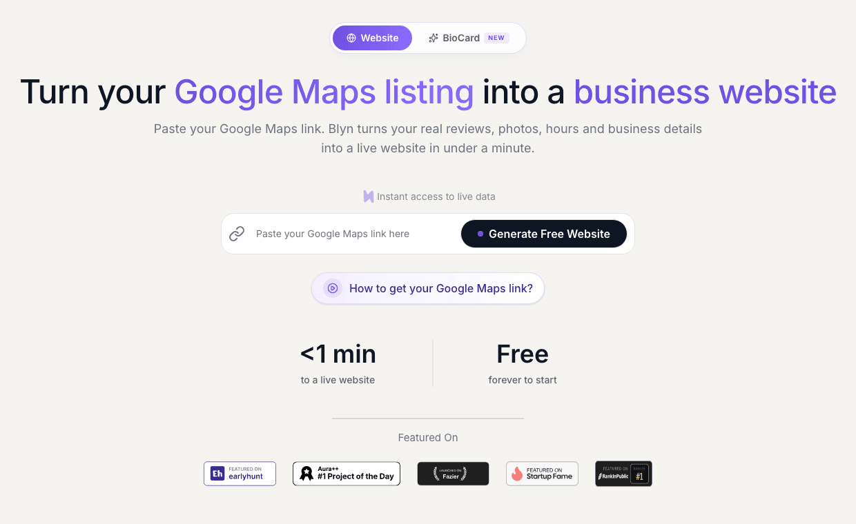 Blyn's website builder asking for a Google Maps link